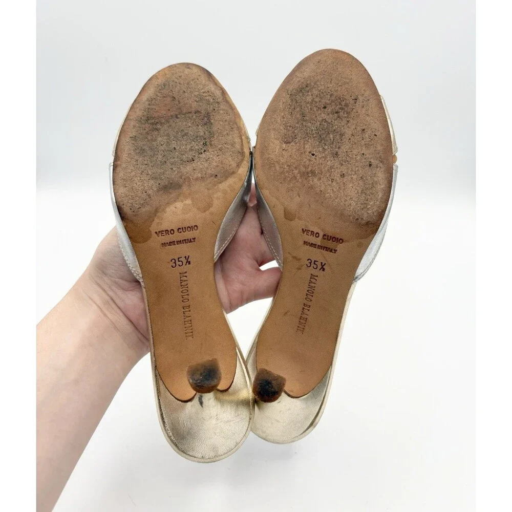Manolo Blahnik Silver & Gold Metallic Kitten Heel Mules Vintage Size EU 35.5